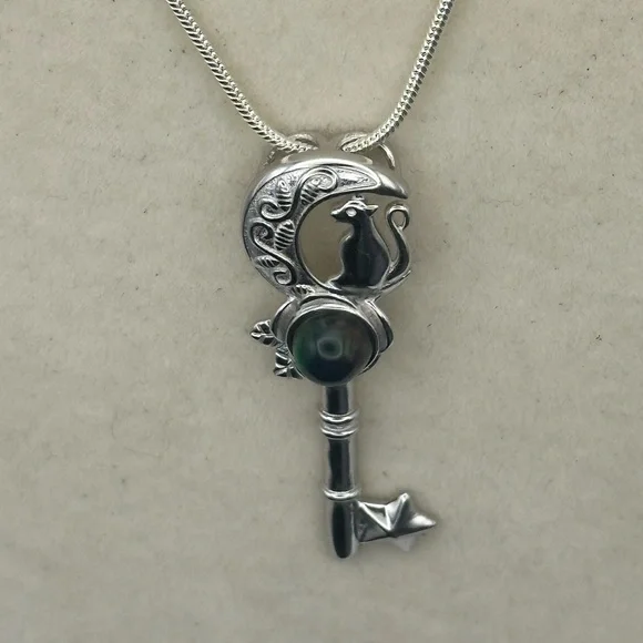 Silver 925 Cat and Moon Key Shape Pendant Necklace on Stainless Steel Chain - Picture 6 of 16